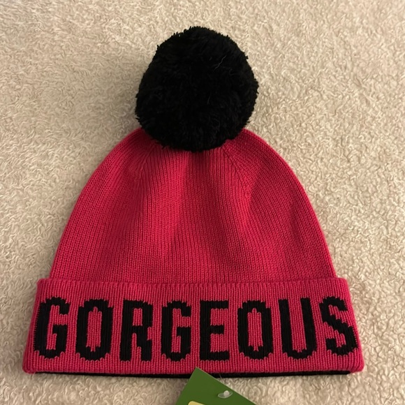 NWT Kate Spade Hello Gorgeous Black Pink Winter Pom Pom Beanie Hat - Picture 3 of 7